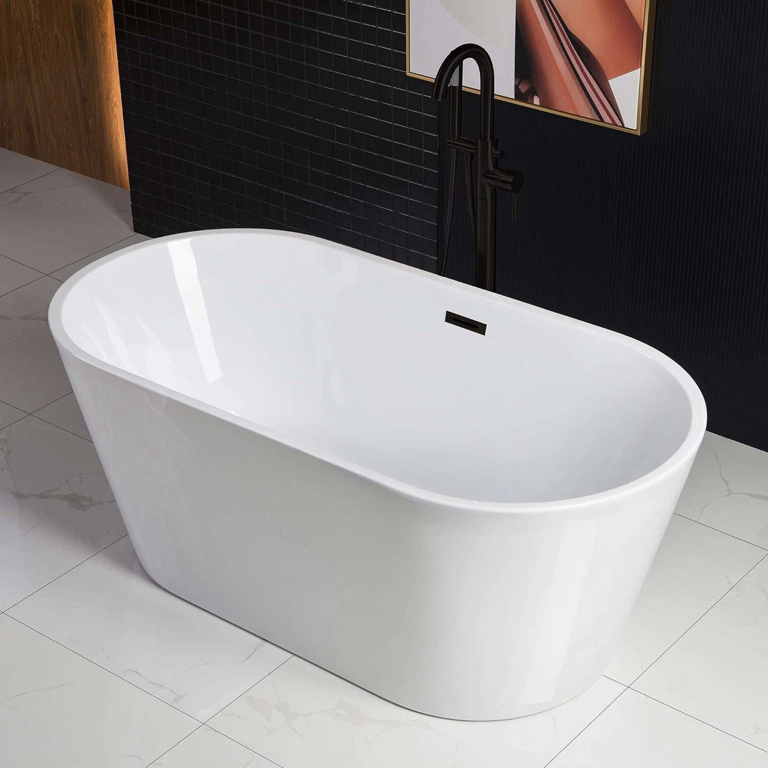 WOODBRIDGE 59" Acrylic Freestanding Bathtub Contemporary Soaking White Tub with Matte Black...