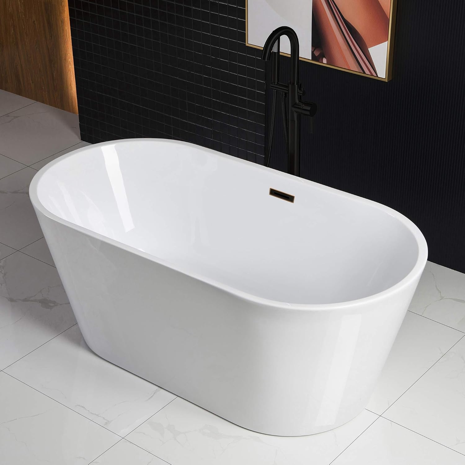 WOODBRIDGE 59" Acrylic Freestanding Bathtub Contemporary Soaking White Tub with Oil-Rubbed...