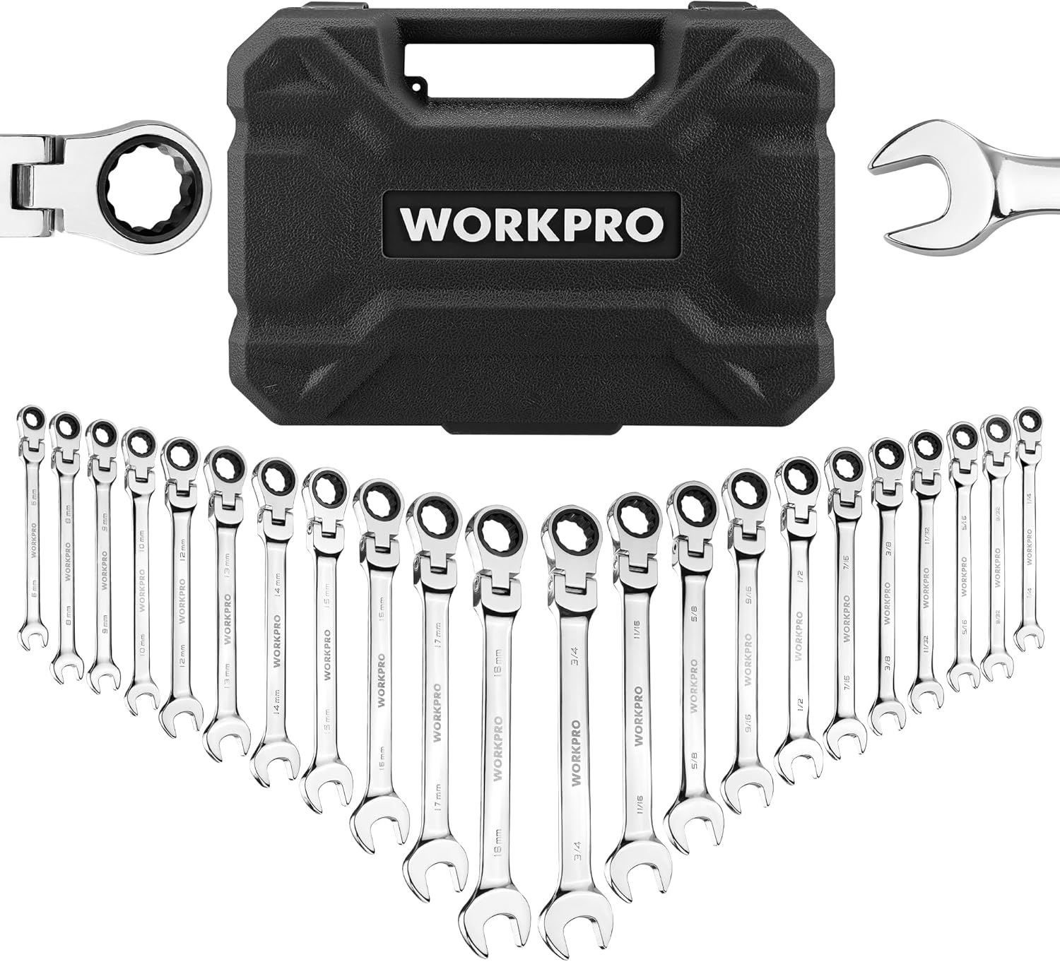 WORKPRO 22-Piece Ratcheting Wrench Set, Flex-Head Ratchet Combination Wrench Sets with...