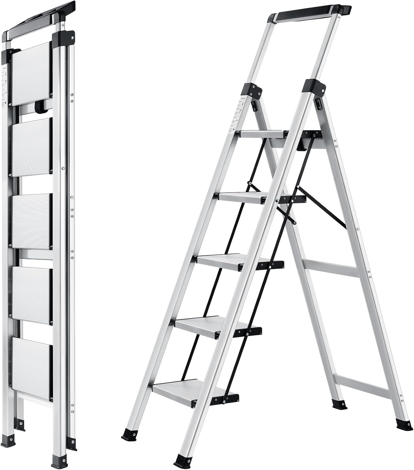 XinSunho 5 Step Ladder, Retractable Handgrip Folding Step Stool with Anti-Slip Wide Pedal...