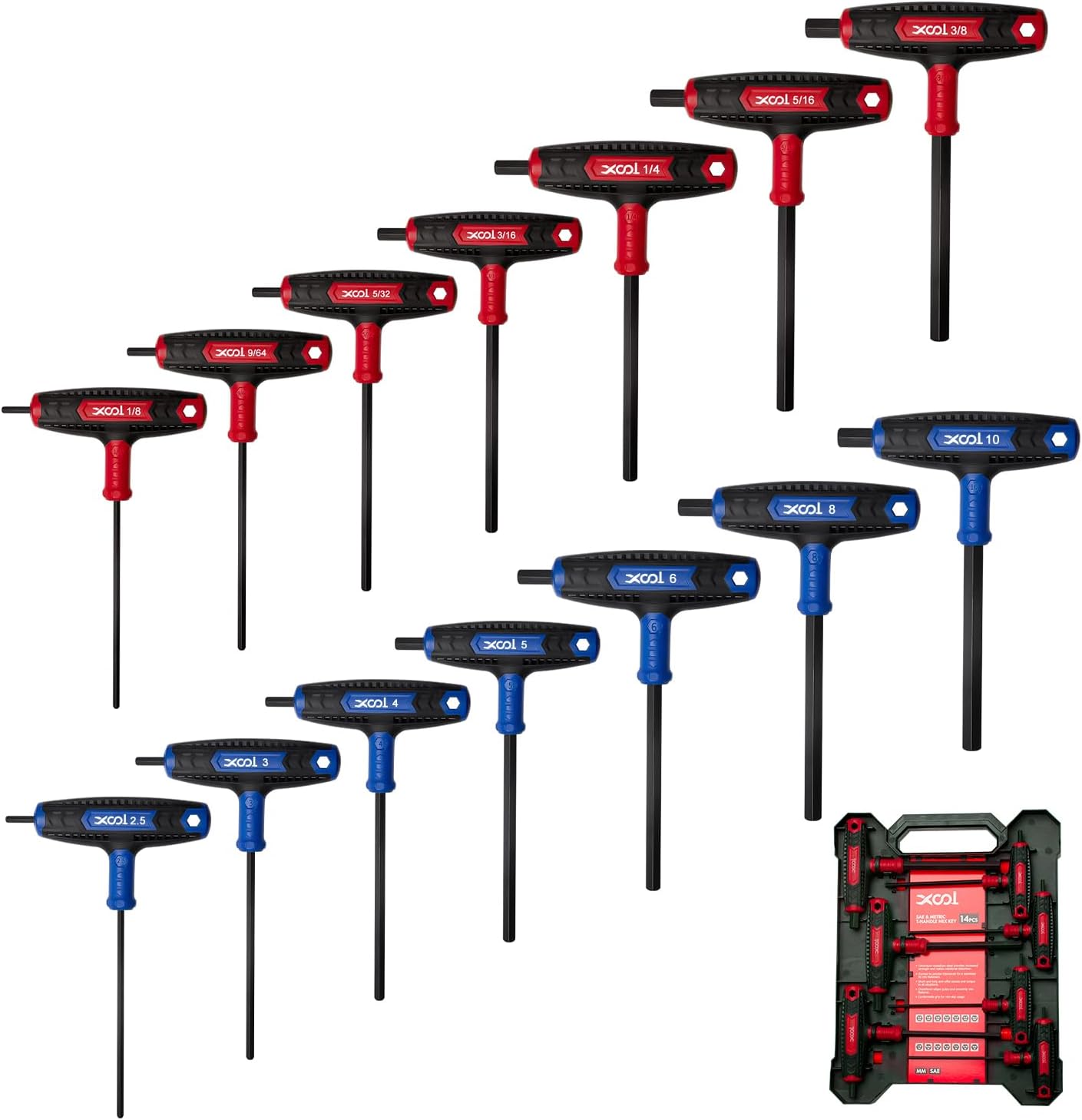 XOOL 14PCS T Handle Allen Wrench Set, Metric & SAE Hex Key Set, Long Arm Hex Key Wrench Set...