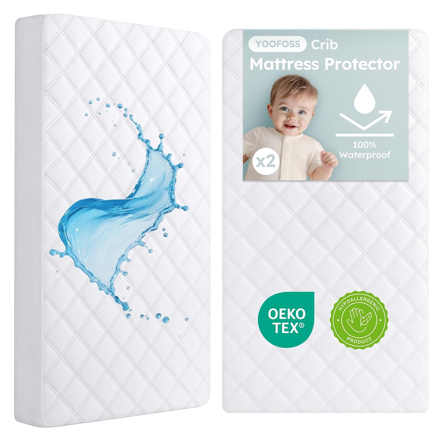 Yoofoss Waterproof Crib Mattress Protector 2 Pack, Quilted Crib Mattress Pad Cover Ultra...