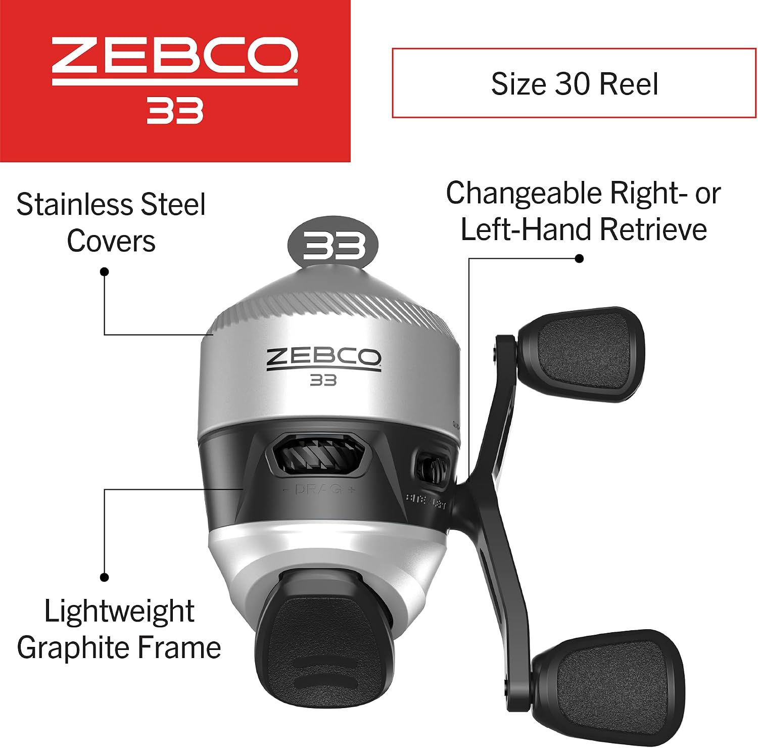 Zebco 33 Spincast Fishing Reel, Size 30 Reel, Right or Left-Hand Retrieve, 10-Pound Zebco...