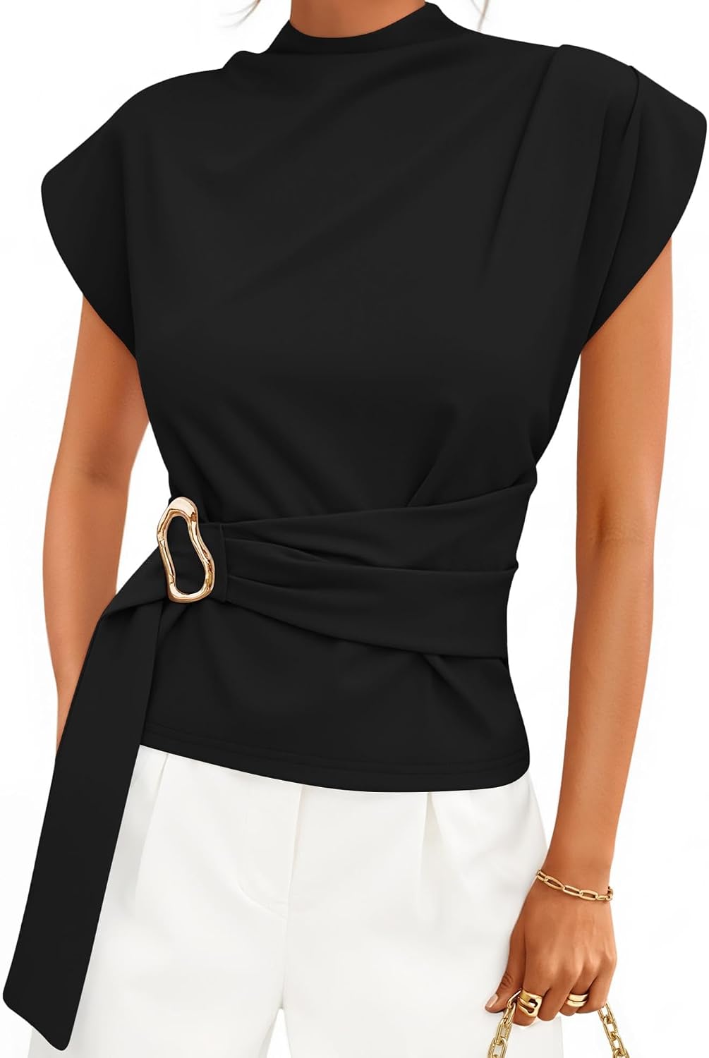 ZESICA Women's 2026 Summer Cap Sleeve Blouse Mock Neck Business Casual Tops Spring Dressy...