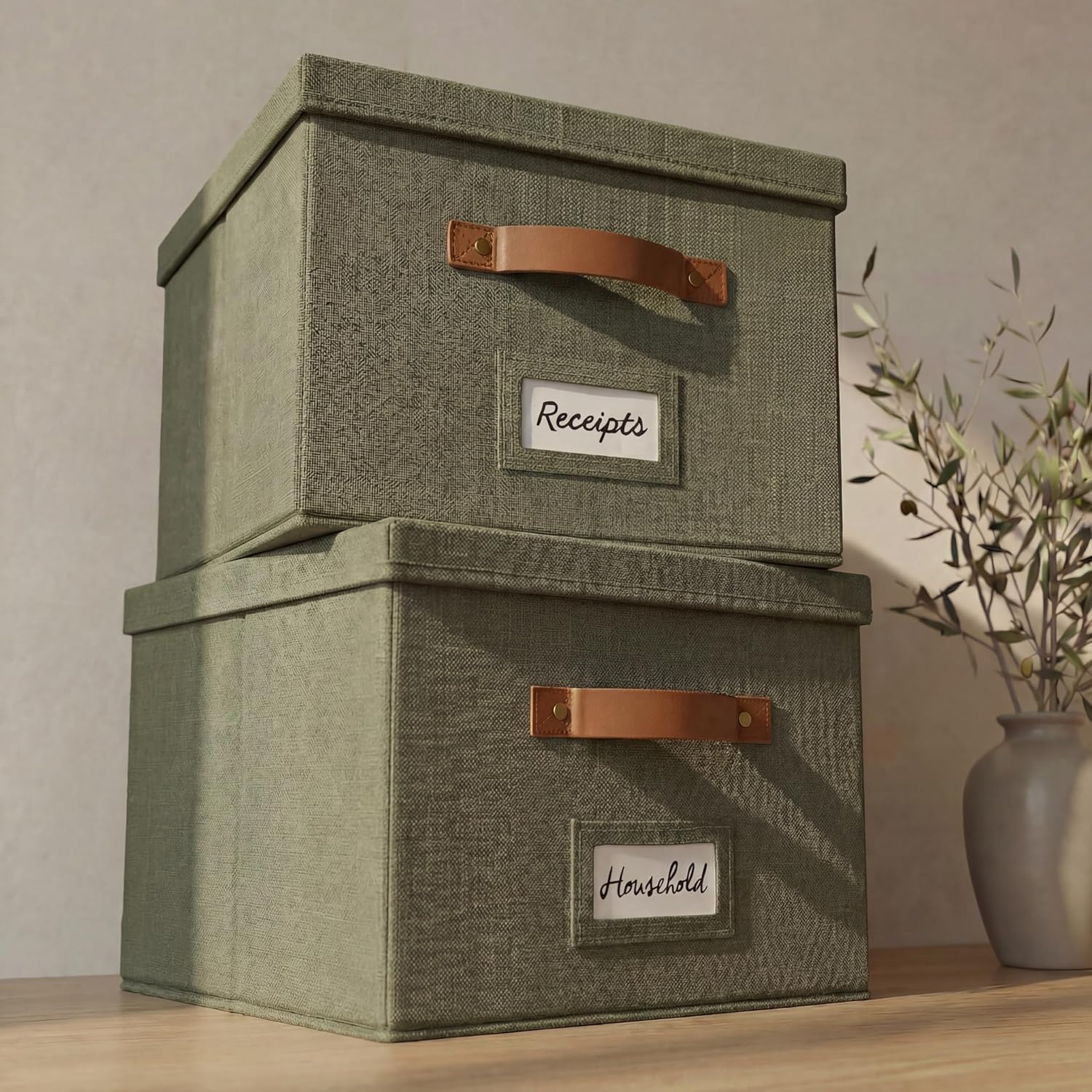 ZICOTO Decorative File Organizer Box Set of 2 - Collapsible Linen Filing Cabinets w/Handles...