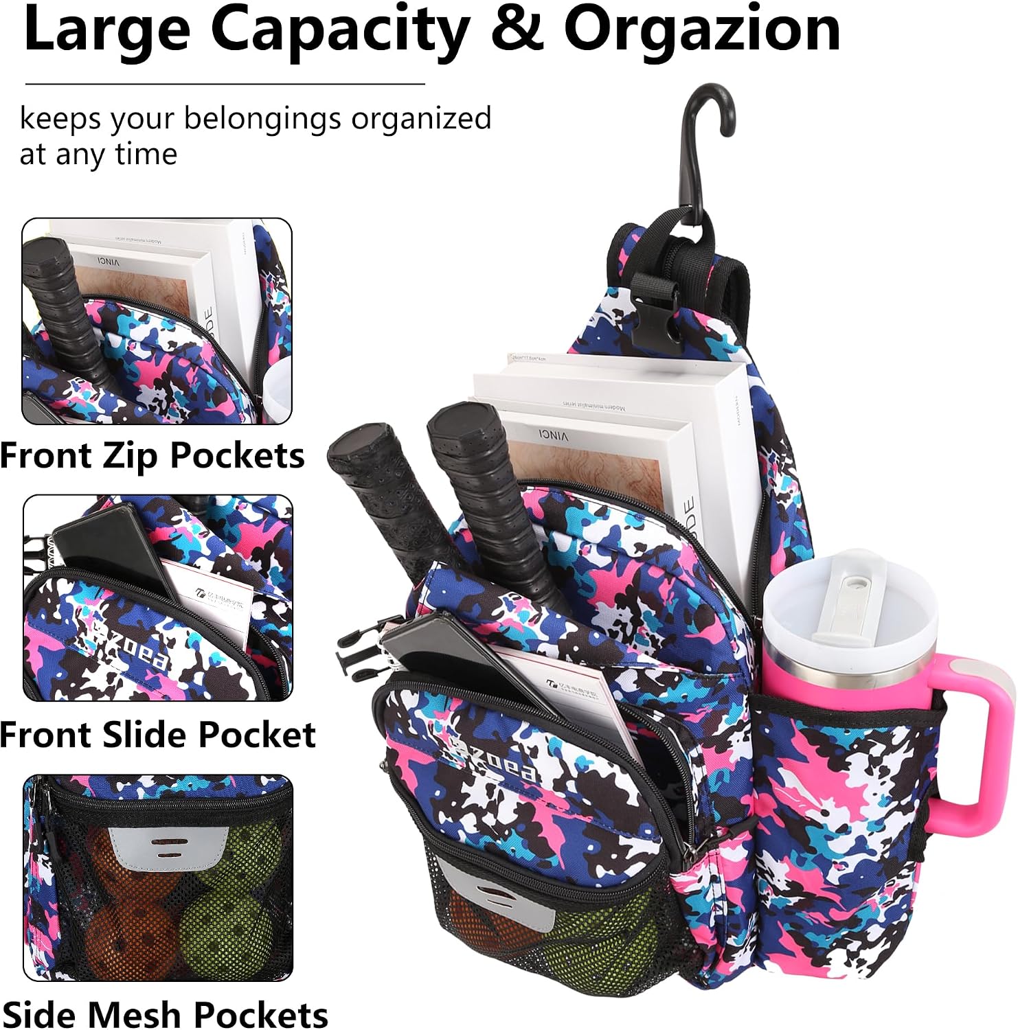 ZOEA Pickleball Backpack Bag for Men Women, Fits 40oz Tumbler, Holds 4 Paddles with Fence... image