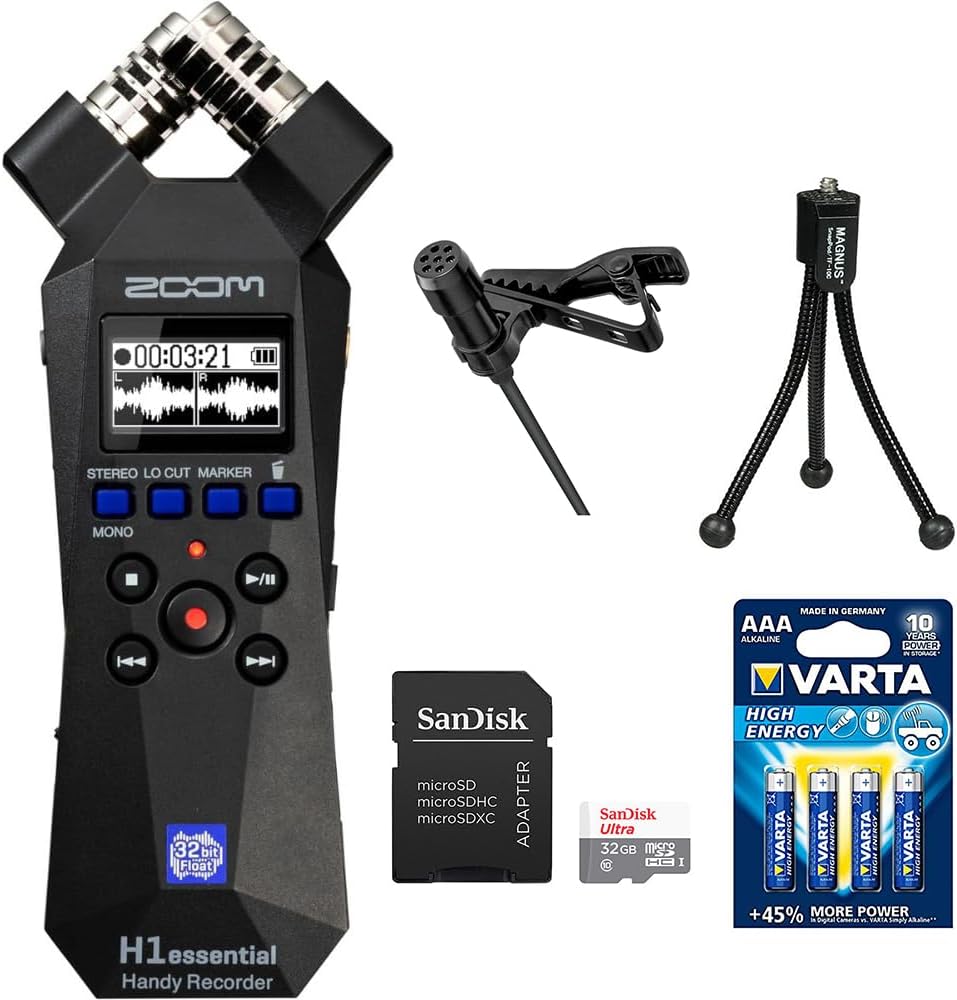 Zoom H1essential 2-Track 32-Bit Float Portable Audio Recorder Bundle with Omnidirectional...